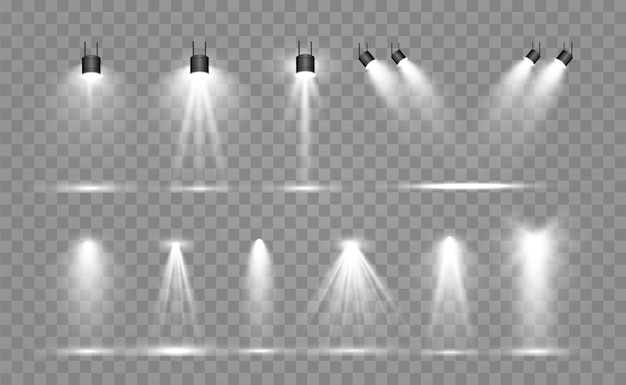 舞台照明 光透過効果のためのサーチライトコレクション スポットライト付きの明るく美しい照明 プレミアムベクター