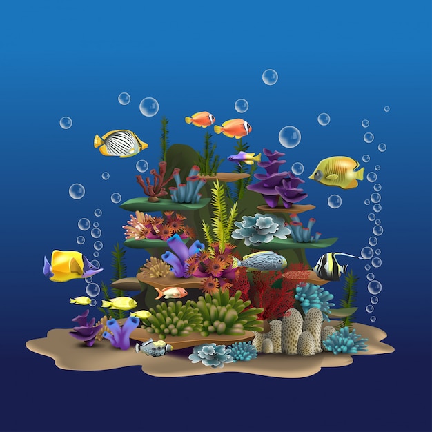海の岩や植物 砂と海藻 海の底近くに浮かぶ魚の水中ビュー 水生画像野生生物イラスト プレミアムベクター