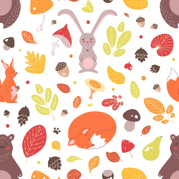 愛らしい野生の森の動物 紅葉 どんぐり 白い背景のキノコの季節のシームレスなパターン テキスタイルプリント 壁紙 包装紙の幼稚なフラットイラスト プレミアムベクター