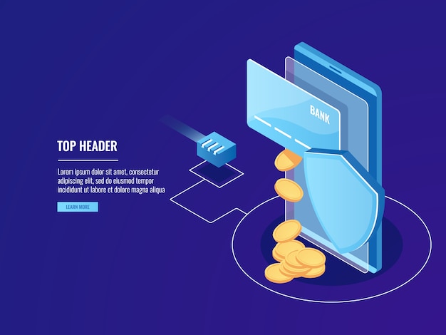 Secure bank transfers via mobile device, online payment, credit card with smartphone Free Vector