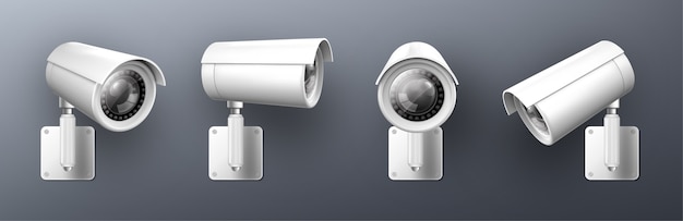 セキュリティカム Cctvビデオカメラ 街頭監視監視装置の正面および側面の角度ビュー 安全な警備員の目と灰色の背景に分離された防犯現実的な3dイラストセット 無料のベクター