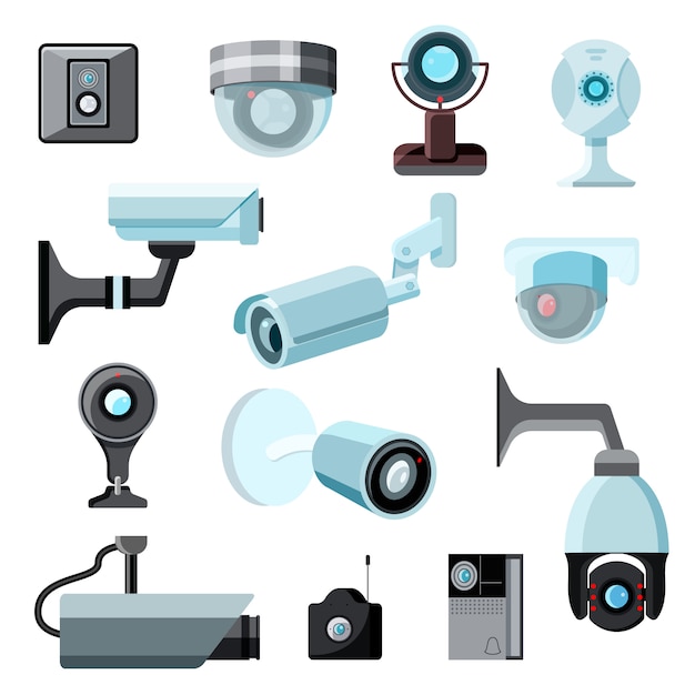 防犯カメラcctvコントロール白い背景に分離されたプライバシーセキュアガード機器ウェブカメラデバイスの安全ビデオ保護技術システムイラストセット プレミアムベクター