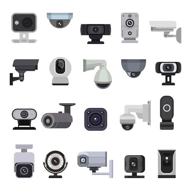 防犯カメラcctv制御安全ビデオ保護技術システムイラストセットプライバシーセキュアガード機器webcamデジタルデバイスの分離 プレミアムベクター