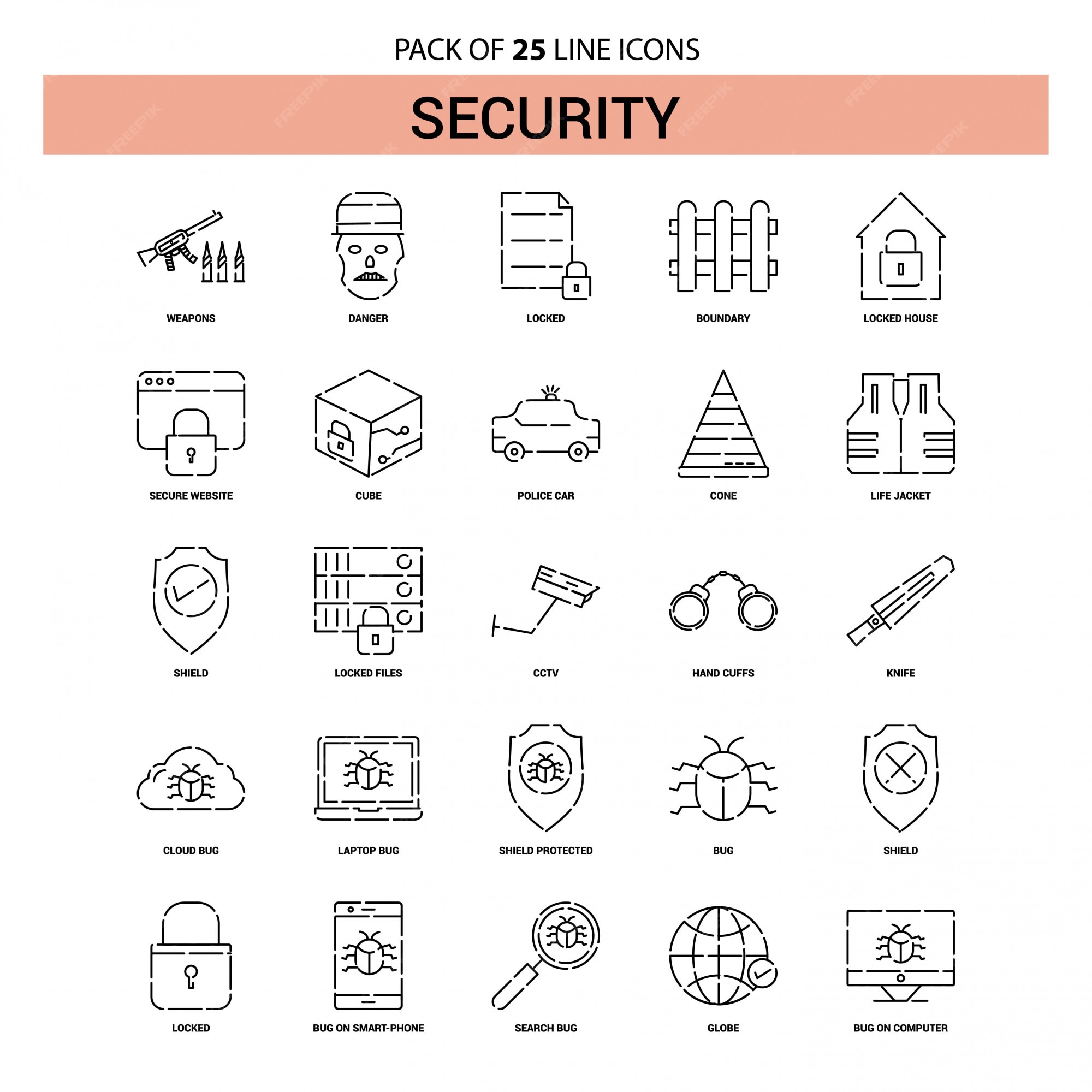 Premium Vector Security Line Icon Set 25 Dashed Outline Style 7880