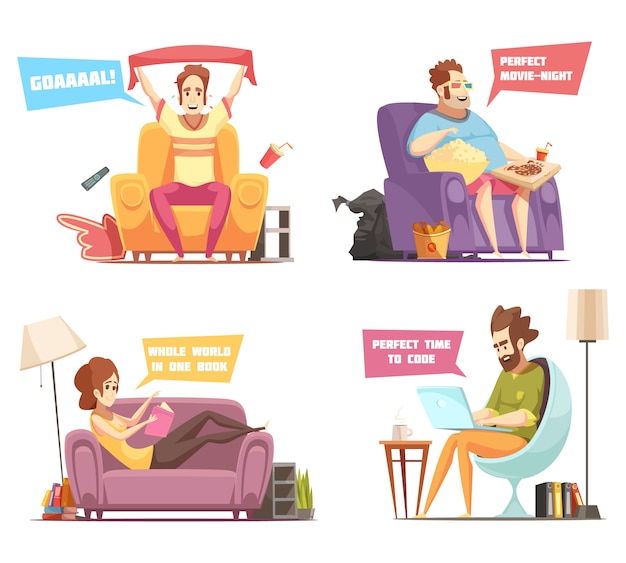 Sedentary persons retro cartoon icons with sport fan, work at laptop, reading, watching television isolated vector illustration Premium Vector