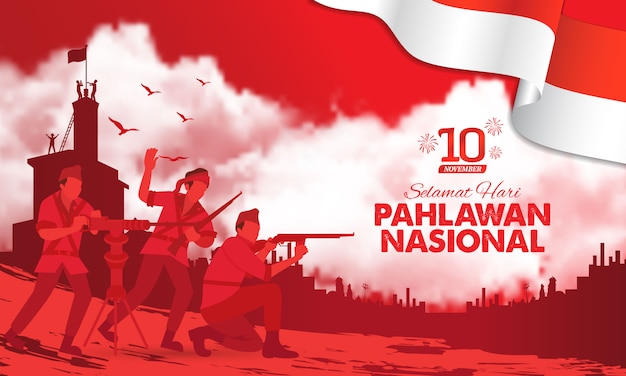 Selamat Hari Pahlawan Nasional 翻訳 幸せなインドネシア国民の英雄の日 グリーティングカードのイラスト プレミアムベクター