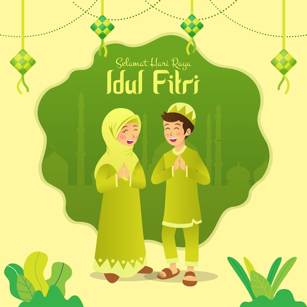 Premium Vector Selamat Hari Raya Idul Fitri Is Another Language Of Happy Eid Mubarak In Indonesian Cartoon Muslim Kids Celebrating Eid Al Fitr