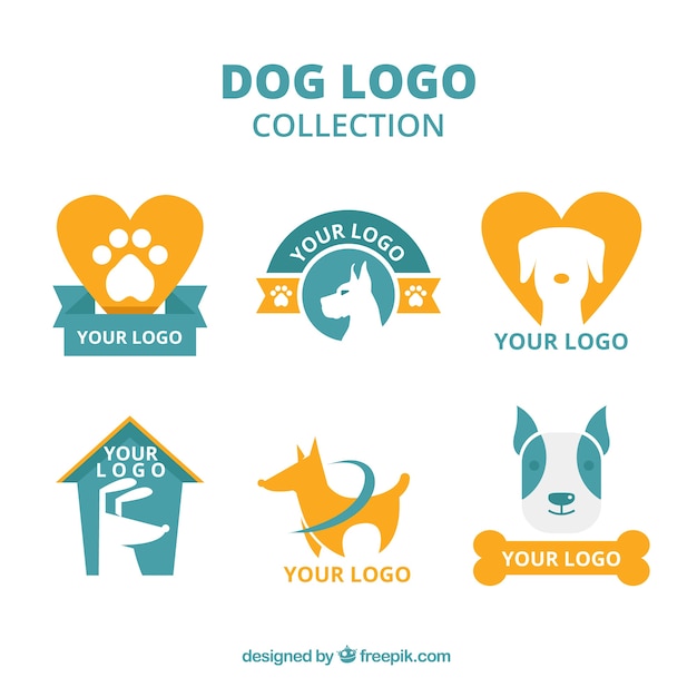 Selection of blue and orange dog logos in flat
design