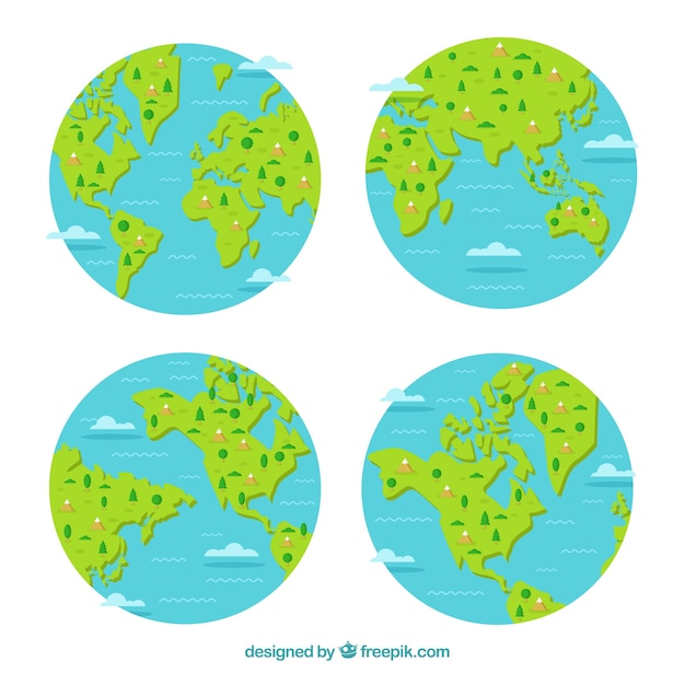 Selection of four earth globes with decorative trees and mountains Free Vector Selection of four earth globes with decorative trees and mountains Free Vector