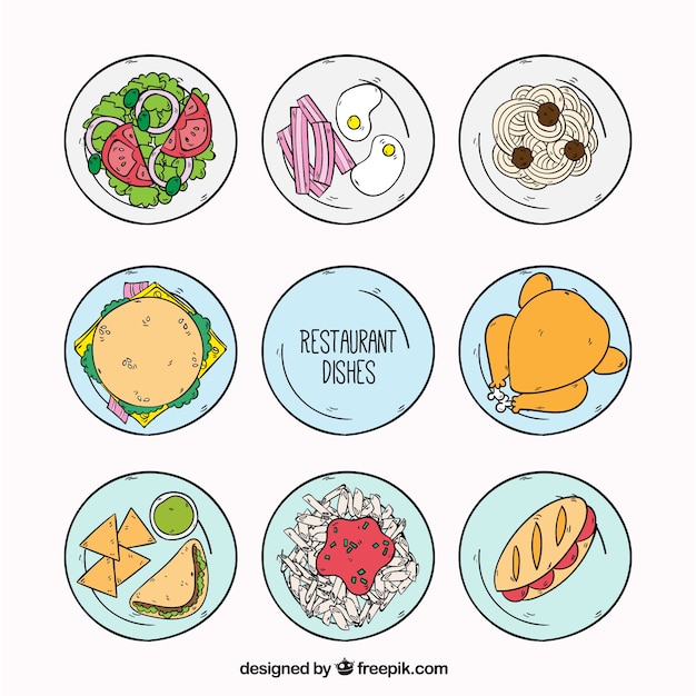 Selection of restaurant dishes, hand
drawn