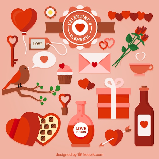 Selection of romantic items for valentine's day | Free Vector