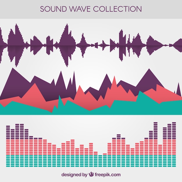 Free Vector | Selection of three colored sound waves in flat design