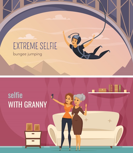 Selfie horizontal banners set with extreme and family selfie symbols