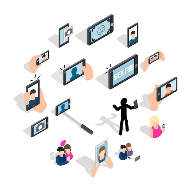Selfie icon set, isometric style Premium Vector