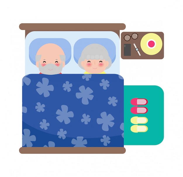 ベッドで寝ている年配のカップル 大人の老人と老婆がベッドで寝る フラットスタイルの白い背景イラストを分離した寝室で老人の健康な夢の睡眠 プレミアムベクター