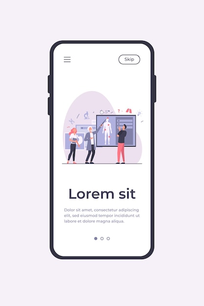 教室で学生グループを講義する上級教授 体のシルエットを指して 人体の解剖学を説明する白髪の医者 ベクトルイラストモバイルアプリテンプレート 無料のベクター