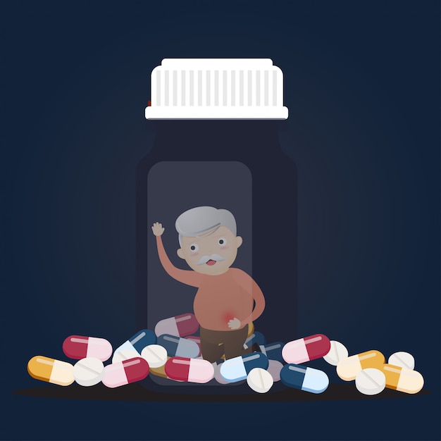 Senior with pill bottles. Premium Vector