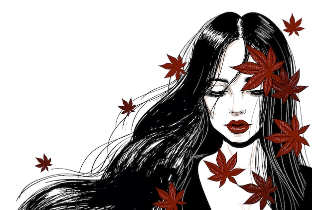 Sensual woman with long hair and red leaves Premium Vector