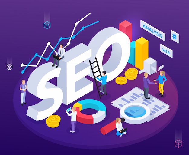 Seo analysis isometric composition with web optimization symbols Free Vector