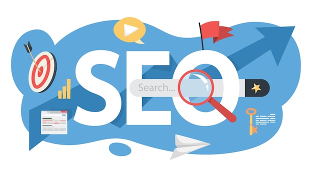 Seoの概念。マーケティング戦略としてのウェブサイトの検索エンジン最適化のアイデア。インターネットでのwebページのプロモーション。図 Premiumベクター