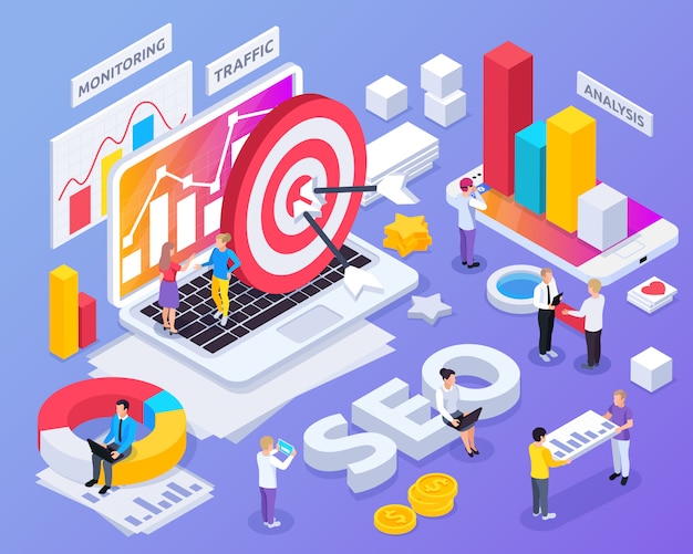 Seo isometric concept with monitoring and traffic symbols isolated Free Vector