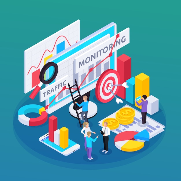 Seo monitoring isometric composition with idea and goal symbols Free Vector