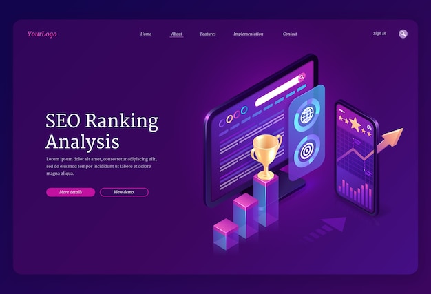 Seo ranking analysis banner. digital analytics of search engine optimization of content. landing page with isometric charts and graphs on computer and mobile screen Free Vector