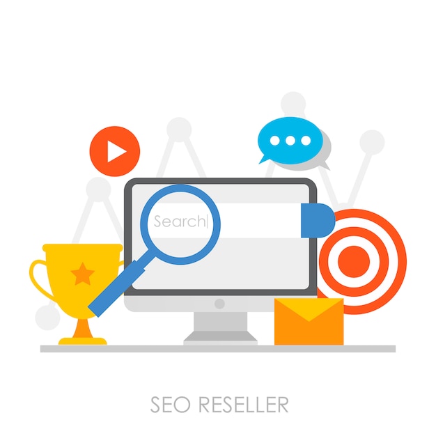 Seo reseller banner. personal computer with increasing graphics, search optimization Free Vector