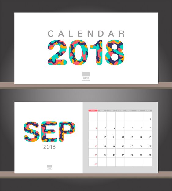 18年9月のカレンダー 紙カッティングスタイルのデスクカレンダーモダンデザインテンプレート プレミアムベクター