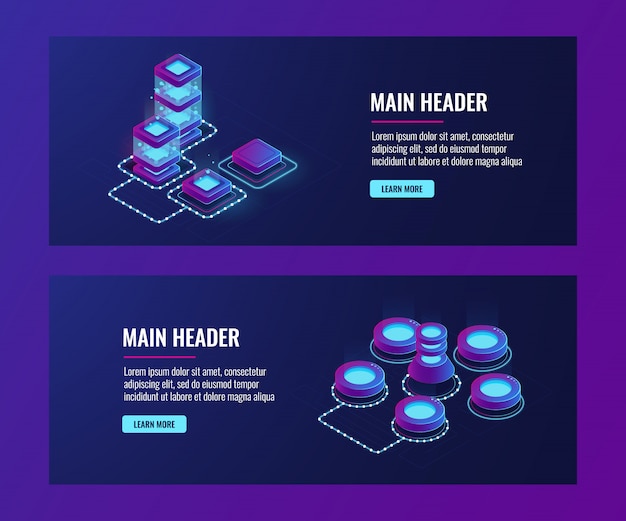 Server room, big computer network, networking, connection, big data storage and processing Free Vector