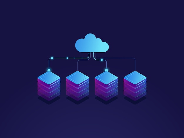 Server room, cloud storage icon, datacenter and database concept, data exchange process Free Vector