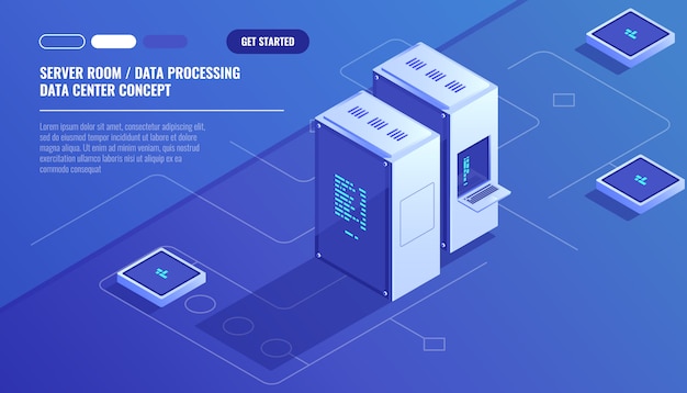 Server room, data center, concept of cloud storage, data transfer Free Vector