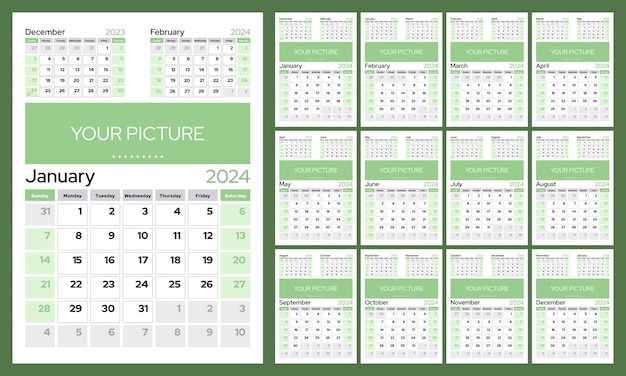 Premium Vector | Set of 12 vertical calendar pages for 2024 week starts