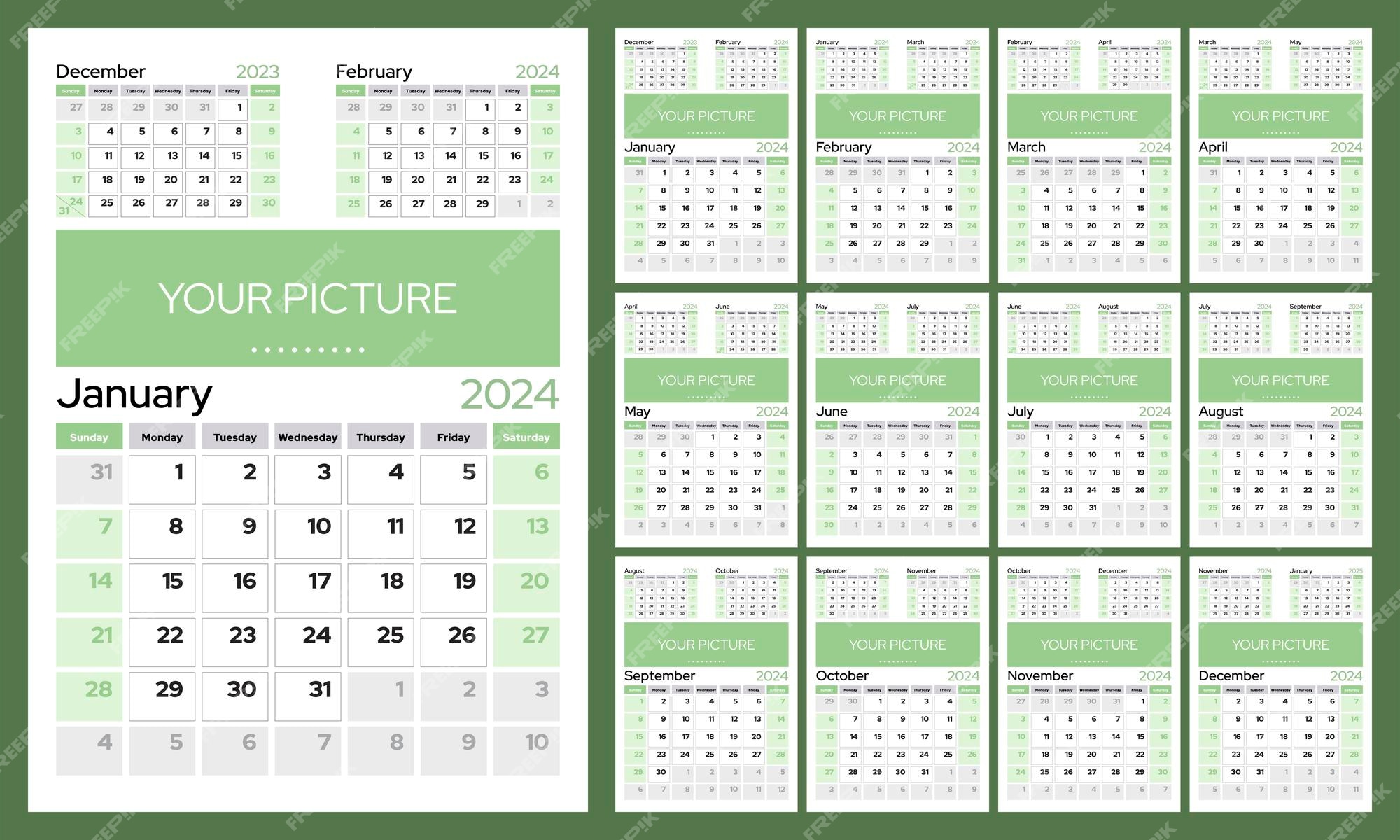 Premium Vector Set of 12 vertical calendar pages for 2024 week starts