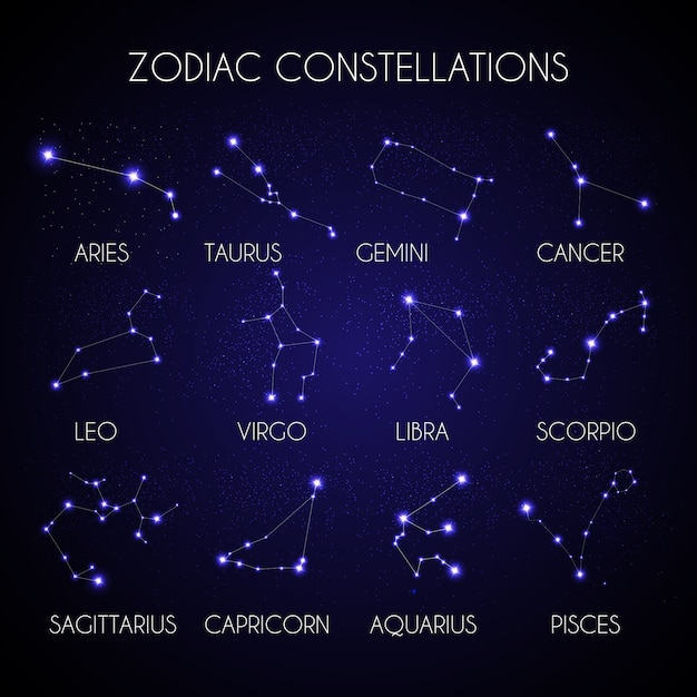 Set of 12 zodiacal constellations on the background of cosmic sky ...