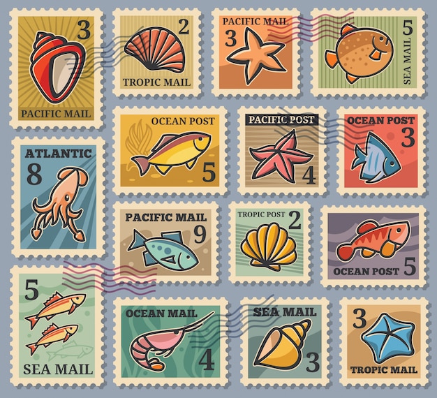 Premium Vector Set of 15 postage stamps with images of marine