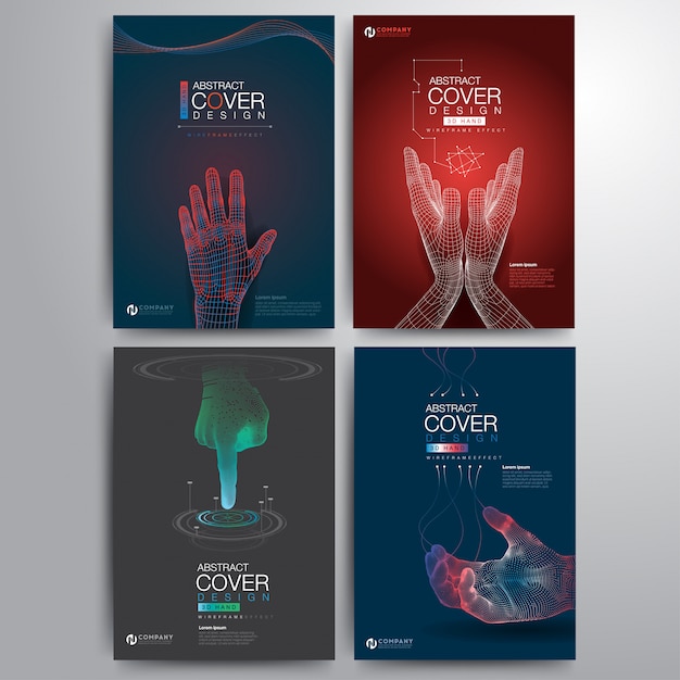 Set of 3d hand wireframe cover, digital concept Premium Vector