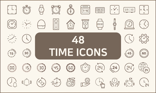Set of 48 time and clock icons line style.  contains such icons as stopwatch, alarm, clock, sand gla
