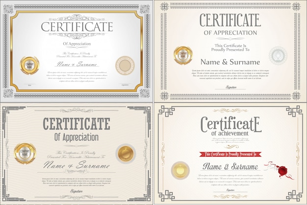 Set of achievement certificate design with seals Premium Vector