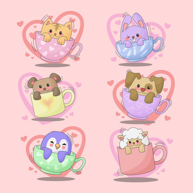 Premium Vector | Set of animals in a cup isolated on pink