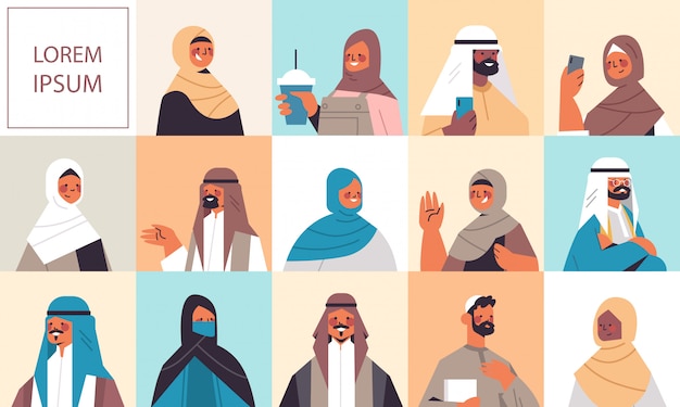 伝統的な服でアラビア語の女性男性を設定します 笑顔のアラブ人アバターコレクション男性女性漫画のキャラクターの肖像画水平コピースペースイラスト プレミアムベクター