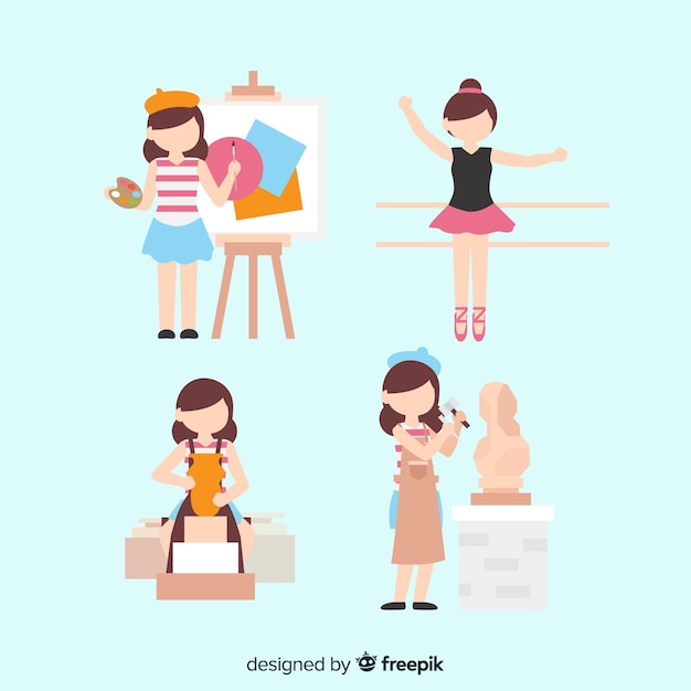 Set of artists from different disciplines. painter, dancer, craftswoman and sculptor Free Vector