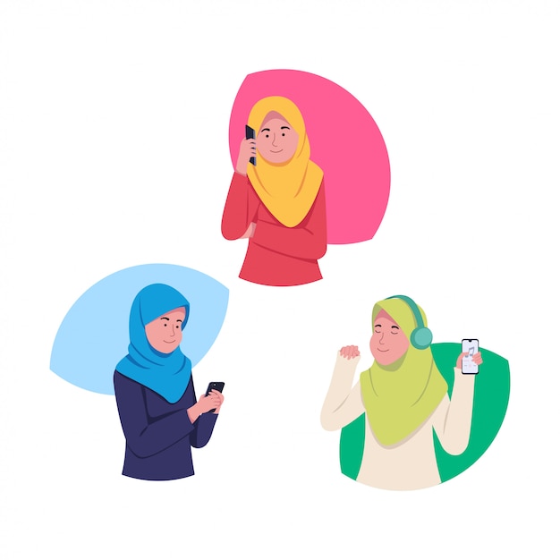 Set attractive young hijab girl with smartphone Premium Vector