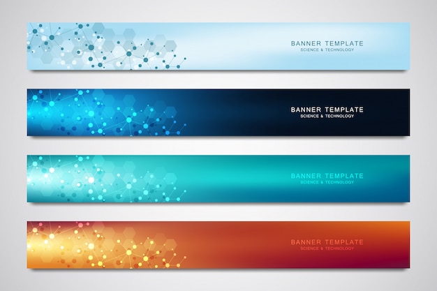 Set of banners and headers for site with molecules background and neural network Premium Vector