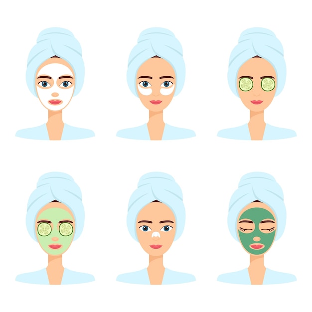 Premium Vector | Set of beautiful women with different face mask. spa ...