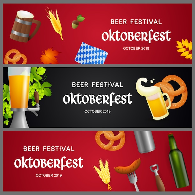 Set of beer festival banners with realistic objects Free Vector