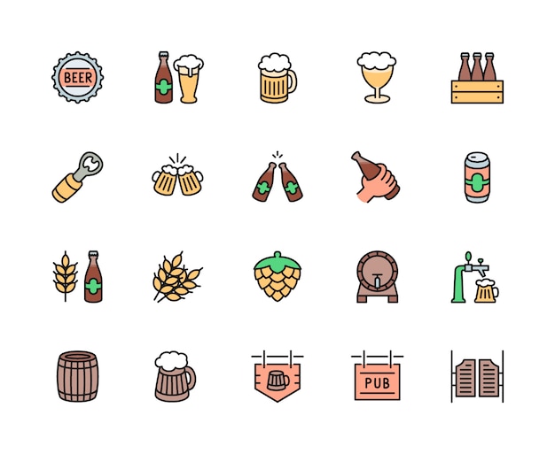 Set of beer and pub color line icons. bottle cap, mug, opener, barrel ...