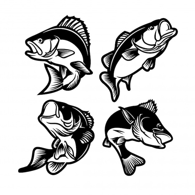 Download Set of big bass black and white. fishing logo | Premium Vector