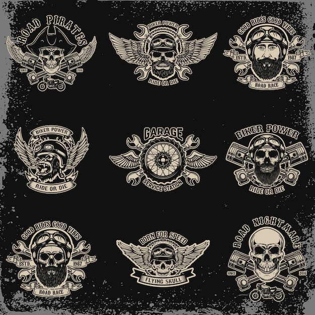 Premium Vector Set Of Biker Emblems Racer Skull With Crossed Pistons