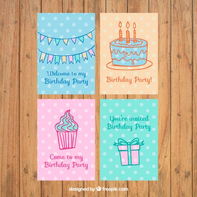 Set of birthday invitation with drawings Vector Free Download